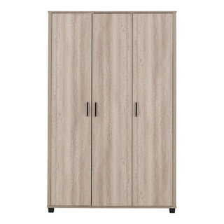 The CHOICEWARDROBE Oxnard 3 Door Wardrobe in light oak finish offers modern bedroom storage with a hanging rail and shelves—ideal for stylish organization.