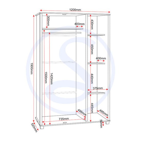 Technical drawing of CHOICEWARDROBE Oxnard 3 door wardrobe in light oak, showing dimensions and storage layout.