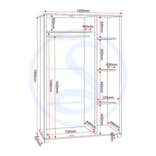 A technical drawing of the CHOICEWARDROBE Oxnard 3 Door Wardrobe in light oak shows precise millimeter dimensions: 1900mm height, 1200mm width, with shelves, hanging rail, and compartments—ideal modern bedroom storage.