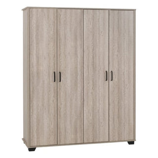 The CHOICEWARDROBE Oxnard 4 Door Wooden Wardrobe in light oak features black handles, a simple rectangular design, short black feet, and offers full hanging and shelving storage—perfect for modern bedrooms.