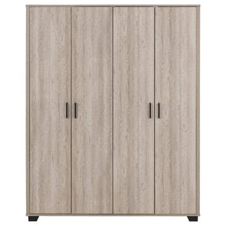 The CHOICEWARDROBE Oxnard 4 Door Wooden Wardrobe in light oak offers full hanging and shelving storage, black vertical handles, small black feet, and a flat front for a simple, modern look—perfect for contemporary bedrooms.