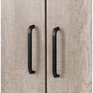 Close-up of two black metal handles on the CHOICEWARDROBE Oxnard 4 Door Wooden Wardrobe in Light Oak Finish, showing their vertical placement near the center and highlighting the textured, grainy wooden surface.