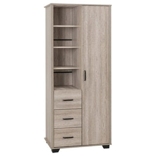 The CHOICEWARDROBE Oxnard 80cm Wooden Single Door Wardrobe in light oak offers a compact storage solution with three open shelves, three drawers with black handles, a right-side door, and sleek black feet.
