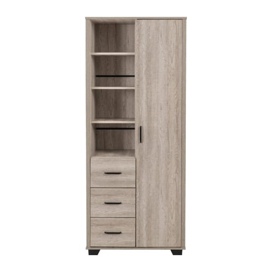 Light oak single door wardrobe with three drawers below open shelves and a vertical handle.