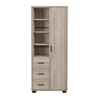 The CHOICEWARDROBE Oxnard 80cm Wooden Single Door Wardrobe in Light Oak features three left drawers, open shelves above, and a tall single door with a vertical handle, all elevated on short black feet for a stylish and compact bedroom storage solution.