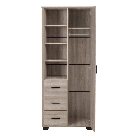 CHOICEWARDROBE Oxnard single door light oak wardrobe with 3 drawers, shelves, and hanging rail.