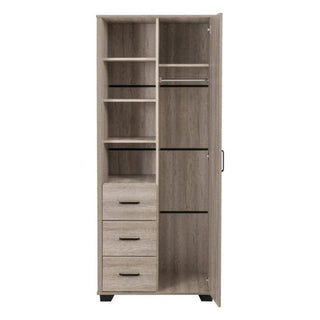 The CHOICEWARDROBE Oxnard 80cm Single Door Wardrobe in light oak offers a compact storage solution with three drawers, four shelves, a hanging rod section, and modern black handles.