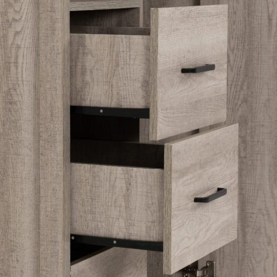 CHOICEWARDROBE Oxnard light oak wardrobe: close-up of two open drawers with black handles.