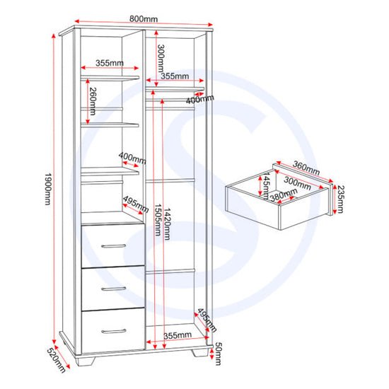 Technical drawing of CHOICEWARDROBE Oxnard 80cm wardrobe, showing dimensions, shelves and 3 drawers.