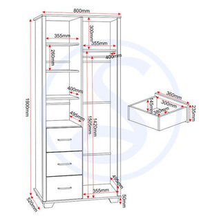 A technical drawing of the CHOICEWARDROBE Oxnard 80cm Single Door Wardrobe in light oak, showing shelves, 3 drawers, hanging area, and detailed millimeter measurements. An inset displays individual drawer dimensions for this compact bedroom storage solution.