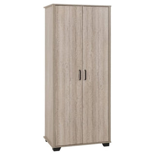 The CHOICEWARDROBE Oxnard Light Oak Wooden Wardrobe is a tall, rectangular 2-door wardrobe with black handles and four short black legs—compact modern bedroom storage in a stylish light oak finish.