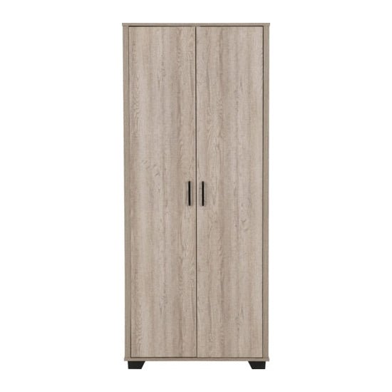 Light oak effect 2-door wardrobe with black handles on white background.