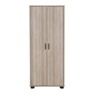 The CHOICEWARDROBE Oxnard Light Oak Wooden Wardrobe is a compact, modern 2-door wardrobe with black handles, offering stylish bedroom storage. Photographed against a white background.