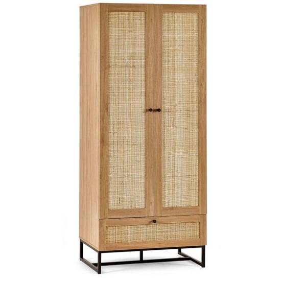 CHOICEWARDROBE Pabla 80cm oak finish wooden wardrobe with rattan-style doors and black metal base.