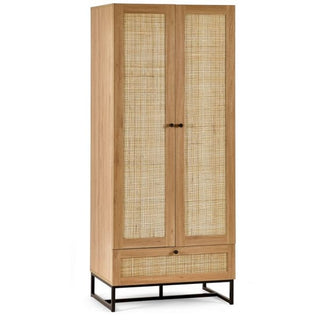 The CHOICEWARDROBE Pabla is an 80cm oak-finish wooden wardrobe with two rattan-style doors, a single lower drawer, and a black metal frame base, blending natural elements with modern style.