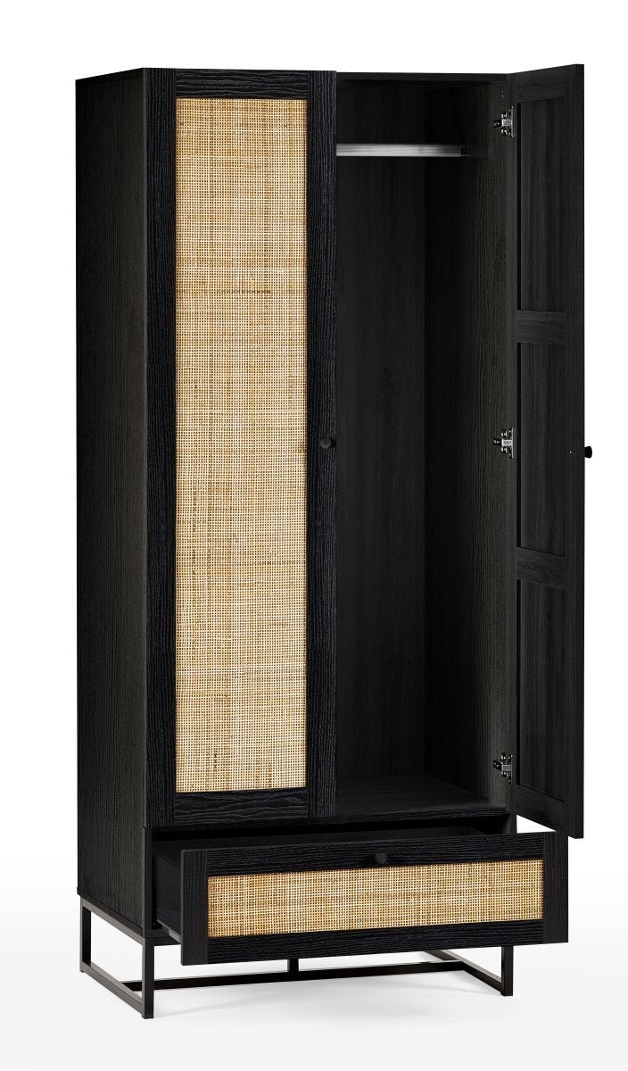 Black rattan two-door wardrobe with one drawer | Boho modern style