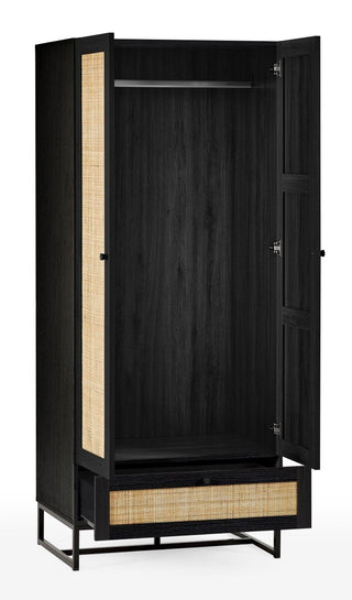 The CHOICEWARDROBE Padstow Black Rattan Wardrobe features two open doors revealing a hanging rod, woven panels, and a single bottom drawer—perfect for modern boho bedroom storage. Dimensions: 80cm.