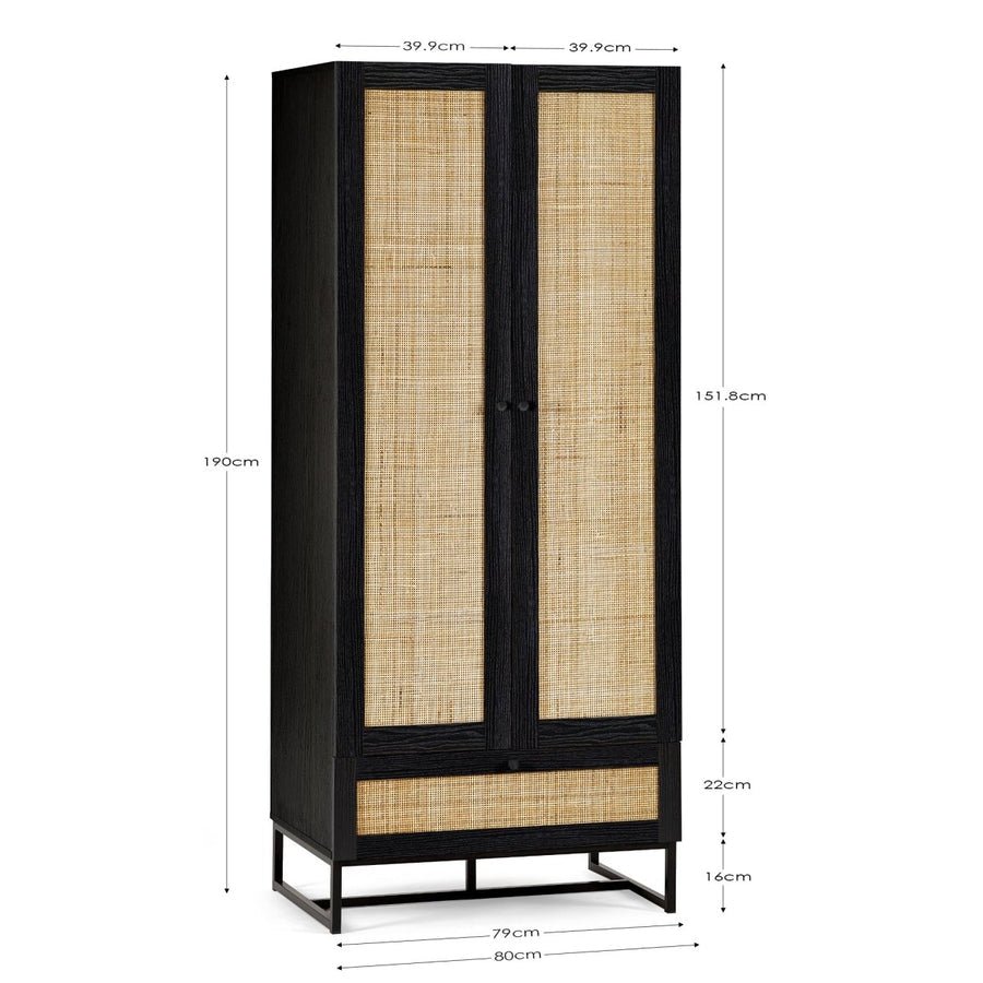 CHOICEWARDROBE Padstow black rattan wardrobe with 2 doors, 1 drawer, 190cm H x 80cm W, boho-modern style.
