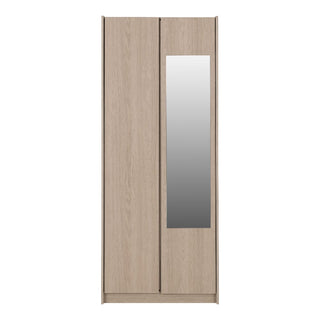 The CHOICEWARDROBE Palmyra 2 Door Mirrored Wardrobe, 80cm in Sonoma Oak finish, features space-saving sliding doors, a hanging rail, shelf storage, and a modern design with a rectangular mirror on one door.