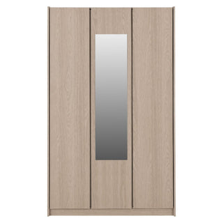 The CHOICEWARDROBE Palmyra 3 Door Mirrored Wardrobe in a 120cm Sonoma Oak finish offers modern bedroom storage with shelves, hanging rails, and a full-length center mirror for a sleek look.