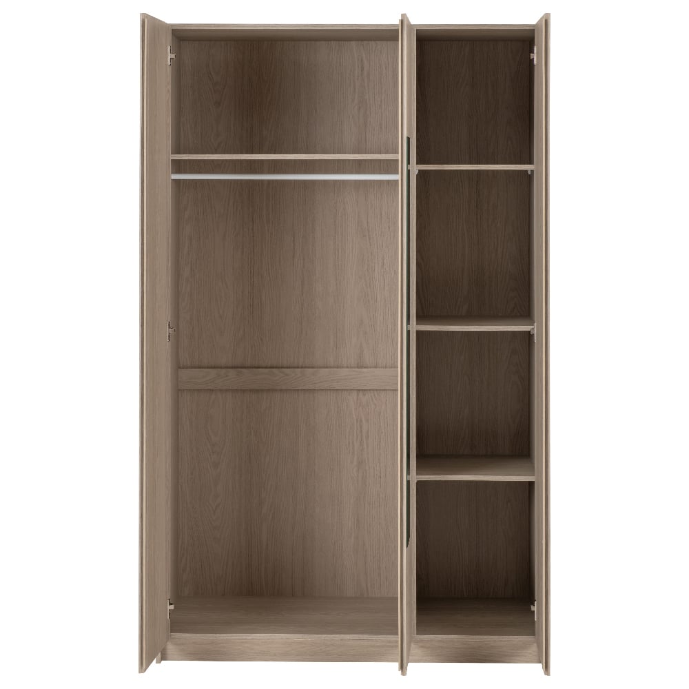 CHOICEWARDROBE Palmyra 3-door Sonoma Oak wardrobe interior with mirrored door, hanging rail, and shelves