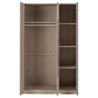 The CHOICEWARDROBE Palmyra 3 Door Mirrored Wardrobe in Sonoma Oak features a full-length mirror, spacious hanging rails on the left, and shelves on the right for modern bedroom storage. Interior is finished in light brown wood.