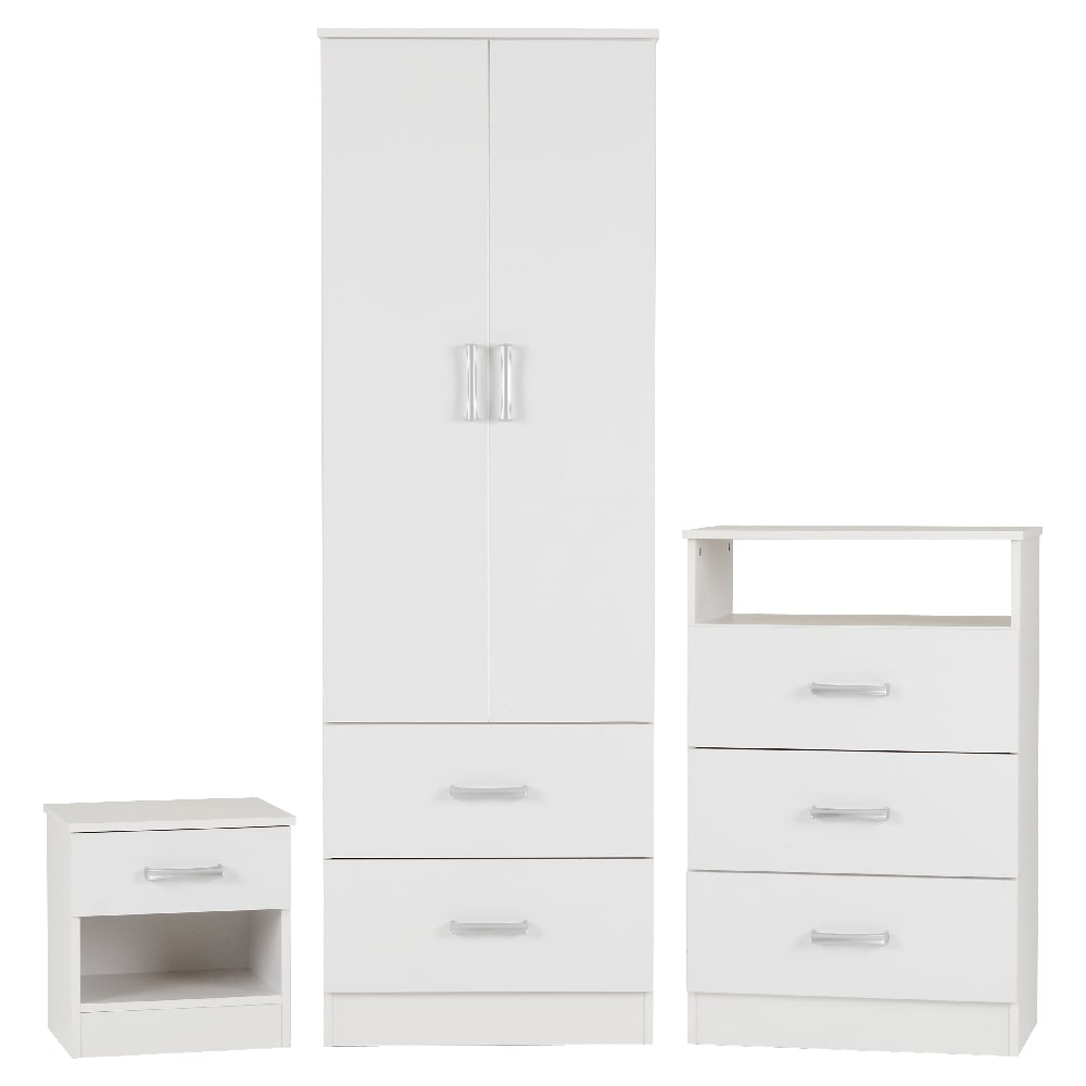 White 3-piece bedroom furniture set: wardrobe, chest of drawers, bedside table.