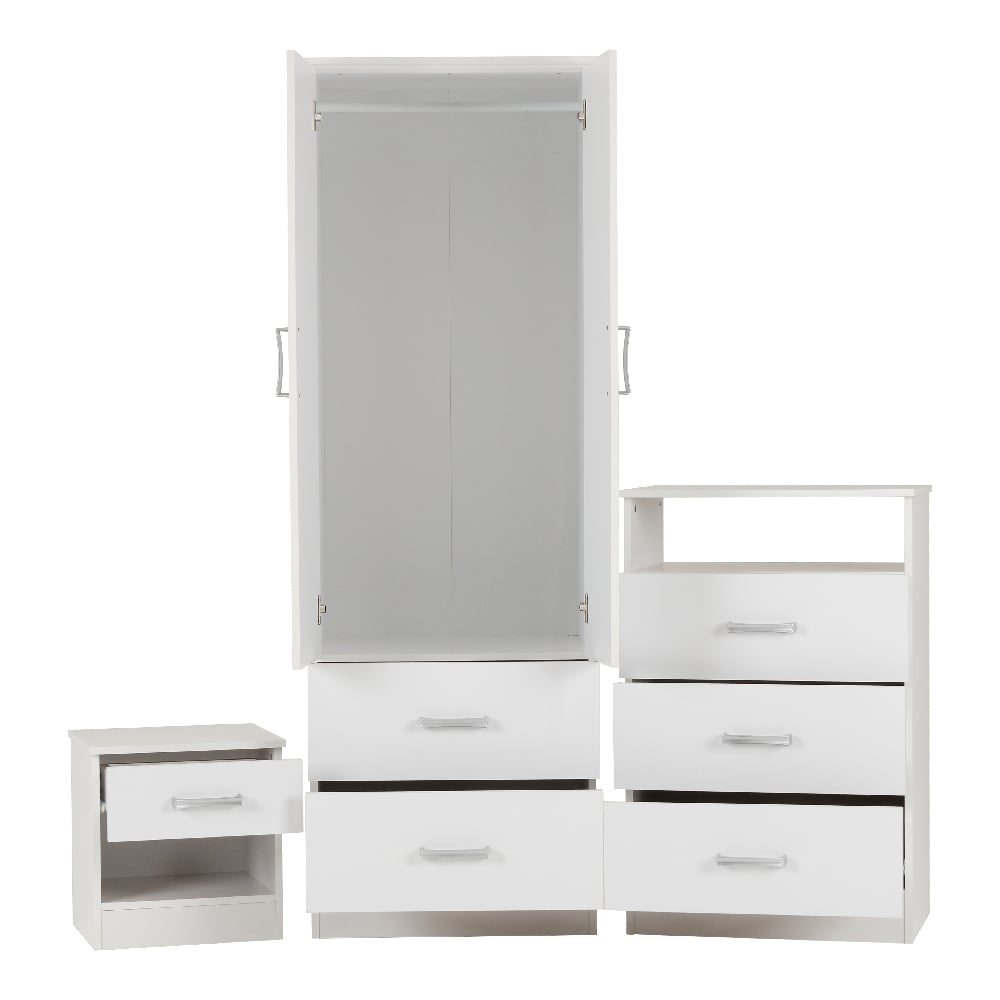 White 3-piece bedroom furniture set: 2-door wardrobe, chest of drawers, bedside table with silver handles.