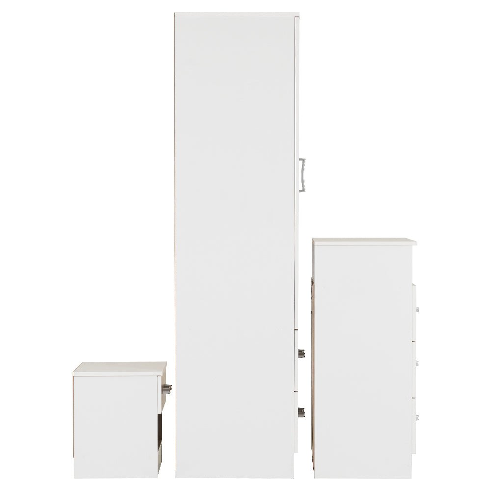 White 2-door wardrobe, chest of drawers, and bedside table set