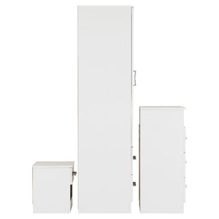 The CHOICEWARDROBE Pana 3 Piece Set in white includes a bedside table, chest of drawers, and a 2-door wardrobe with side handle, all aligned for modern matching bedroom storage.