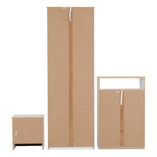 The CHOICEWARDROBE Pana 3 Piece Bedroom Furniture Set in white is shown unassembled in plain brown packaging, including a 2-door wardrobe, chest of drawers, and bedside table with visible packing tape and white labels.