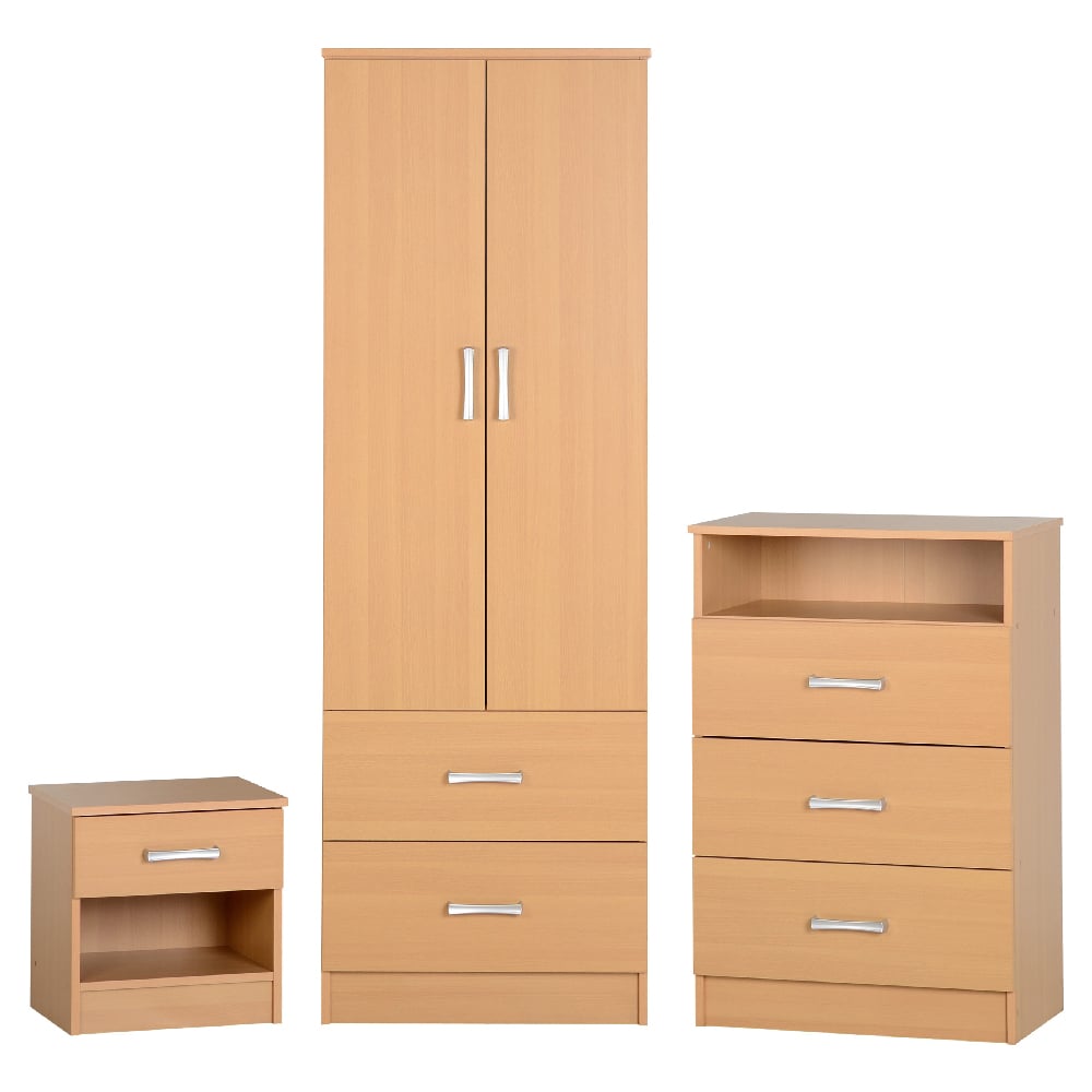 Beech finish 2 door wardrobe, 3 drawer chest, and bedside cabinet bedroom furniture set.