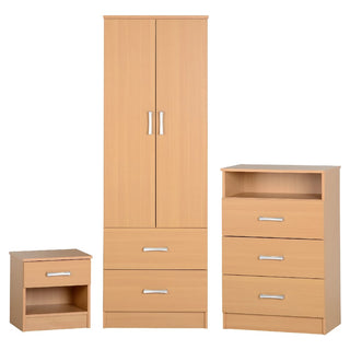 The CHOICEWARDROBE Pana 3 Piece Set in beech finish includes a 2 door wardrobe, a 3 drawer chest, and a bedside cabinet—ideal wooden bedroom furniture for stylish and practical storage.