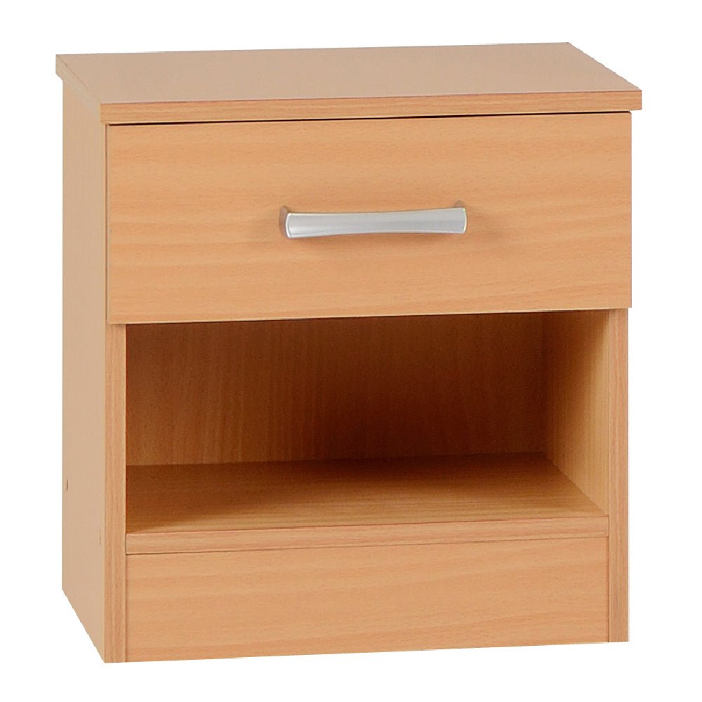 Beech finish bedside cabinet with one drawer and open shelf