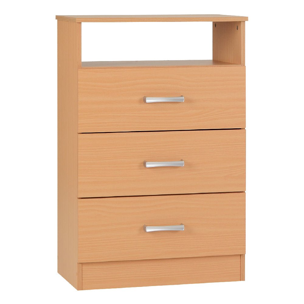 Beech finish 3 drawer chest with silver handles and open shelf