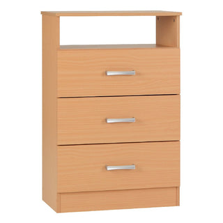The CHOICEWARDROBE Pana 3 Piece Wooden Bedroom Furniture Set in beech includes a 2 door wardrobe, a 3 drawer chest with silver handles and an open shelf, and a bedside cabinet—ideal for bedroom or office storage.