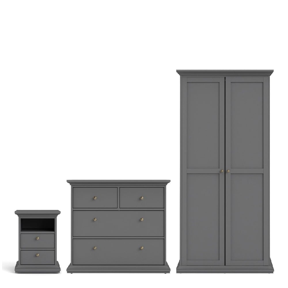 Charcoal Grey Shaker 3-Piece Bedroom Furniture Set: Wardrobe, 3 Drawer Chest, Bedside Table with Brass Handles