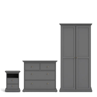 The CHOICEWARDROBE Parayo 3 Piece Bedroom Furniture Set includes a charcoal grey 2-door wardrobe, a 3-drawer chest, and a bedside table, all with classic shaker design and brass handles.