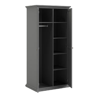 The CHOICEWARDROBE Parayo 2 door wardrobe in charcoal grey from the 3 Piece Bedroom Furniture Set features a classic shaker design, brass handles, a hanging rod on the left, and shelves on the right for versatile storage.