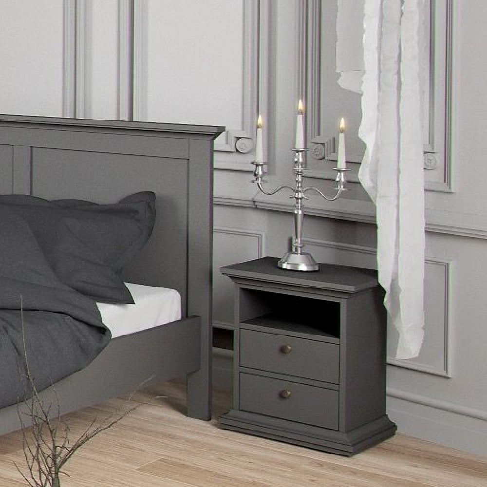 Charcoal grey shaker style bedroom furniture set with bedside table, brass handles.