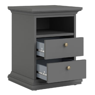 The CHOICEWARDROBE Parayo 3 Piece Bedroom Furniture Set in charcoal grey features a classic shaker design and brass handles, including a bedside table with open shelf and drawers that complement any bedroom.