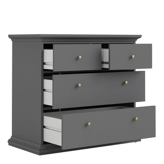 The CHOICEWARDROBE Parayo 3 Piece Bedroom Furniture Set in charcoal grey features a classic shaker design with brass handles, including a 2-door wardrobe, 3-drawer chest, and bedside table—an elegant addition to any bedroom.