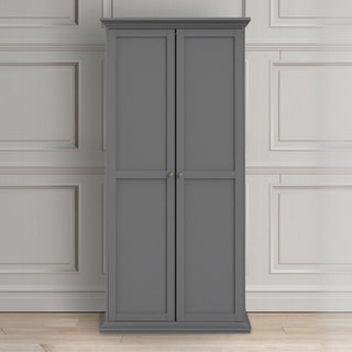 The CHOICEWARDROBE Parayo 3 Piece Bedroom Furniture Set in charcoal grey features a classic shaker design with brass handles, including a 2 door wardrobe, 3 drawer chest, and bedside table—perfect for any bedroom.