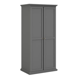 The CHOICEWARDROBE Parayo 3 Piece Bedroom Set includes a charcoal grey 2 door wardrobe with classic shaker design and brass handles, plus a matching 3 drawer chest and bedside table—elegant furniture for any bedroom.