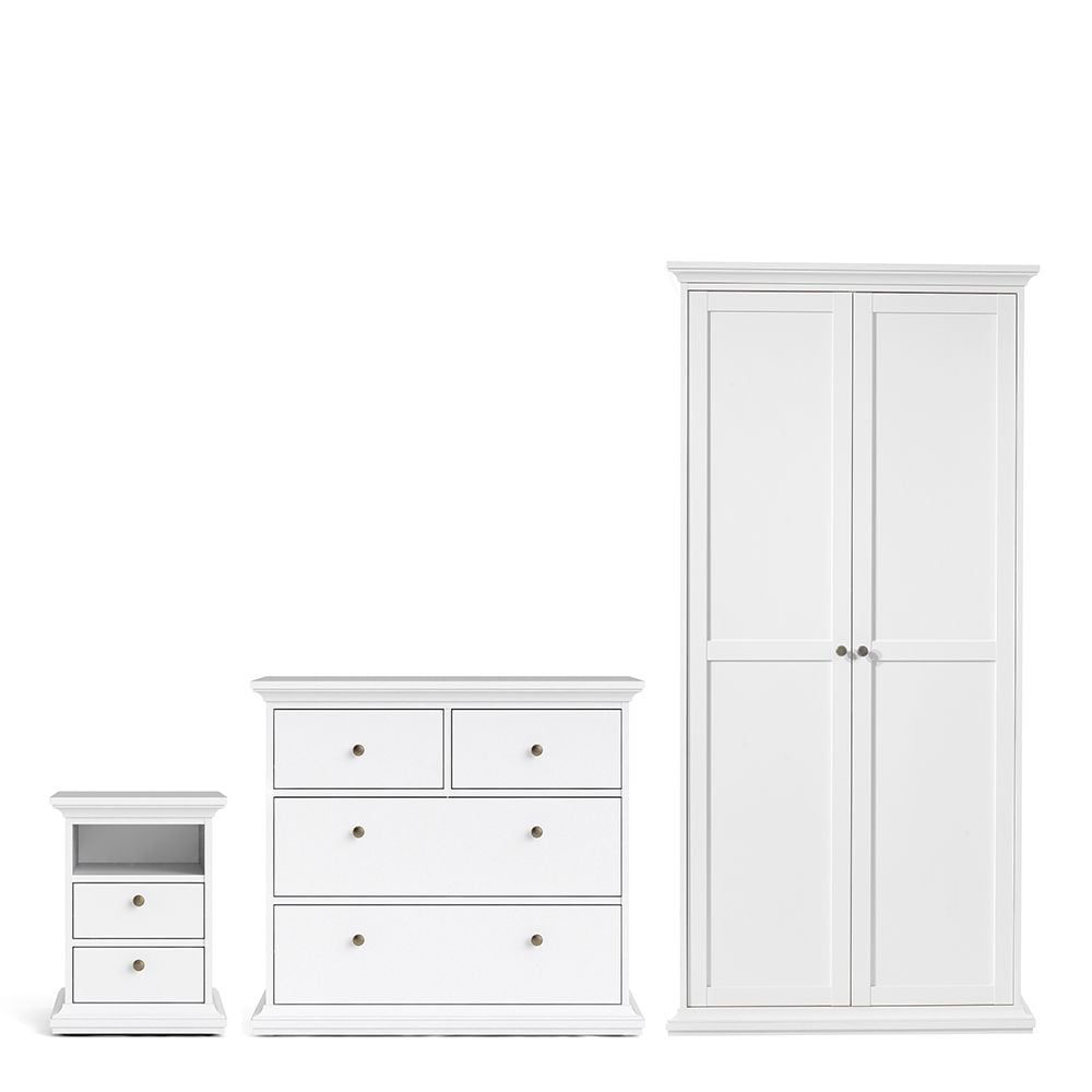 White wooden 3 piece bedroom furniture set: 2 door wardrobe, chest of drawers & bedside table.