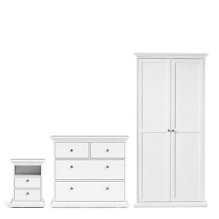 The CHOICEWARDROBE Parayo Wooden 3 Piece Bedroom Set in classic white features a 2 door wardrobe, chest of drawers, and bedside table for elegant, traditional storage.