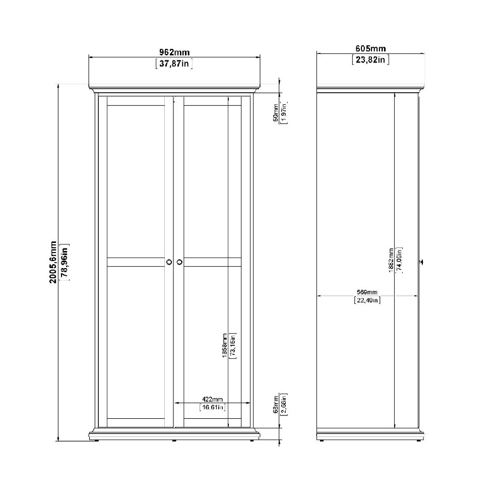 CHOICEWARDROBE Parayo 2-door white wardrobe technical drawing with dimensions. Front and side views.
