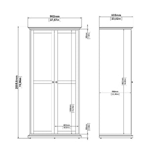 Technical drawing of the CHOICEWARDROBE Parayo 2 Door Wardrobe in classic white, part of a 3 piece bedroom set. Front and side views show labeled dimensions: height 2005mm, width 962mm, depth 605mm, with interior measurements included.