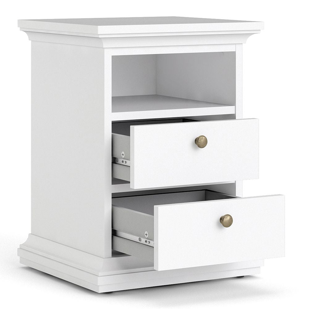 White bedside table with two drawers and shelf, classic finish, traditional nightstand storage