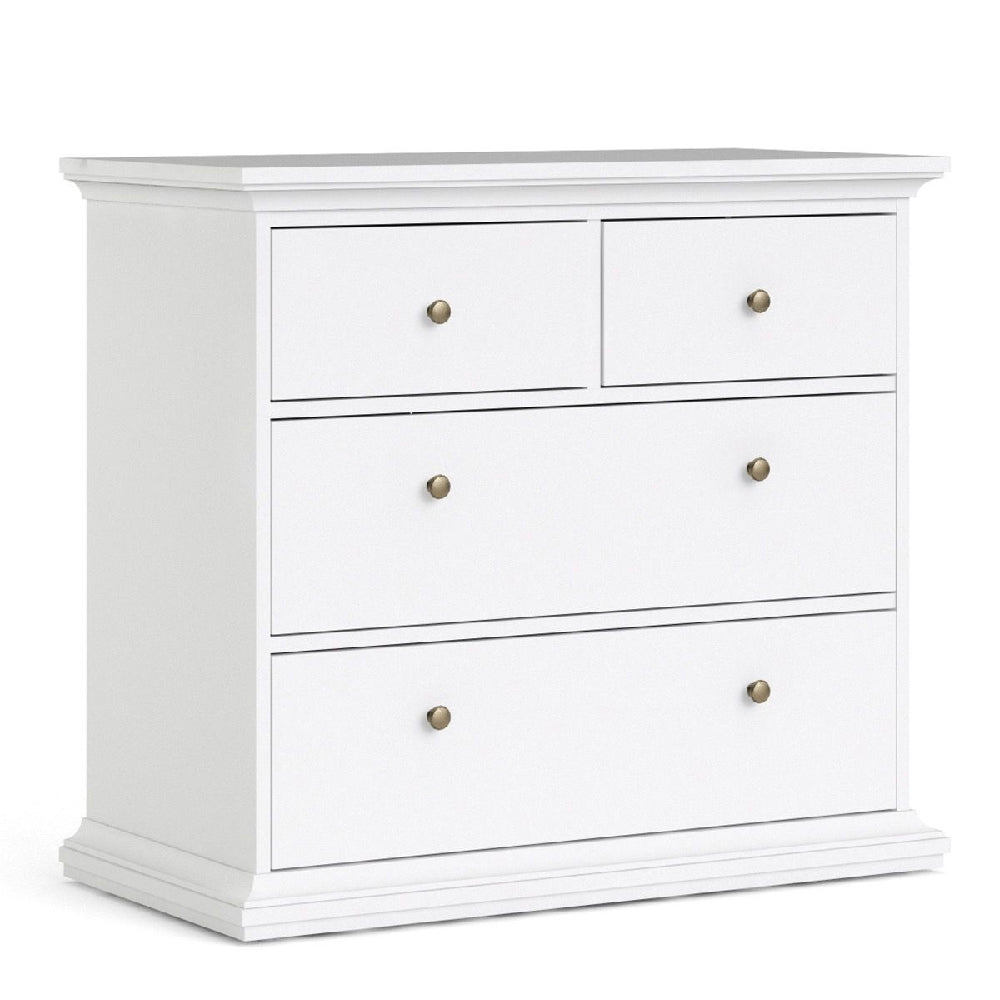 White 4-drawer chest of drawers with brass knobs for bedroom furniture set